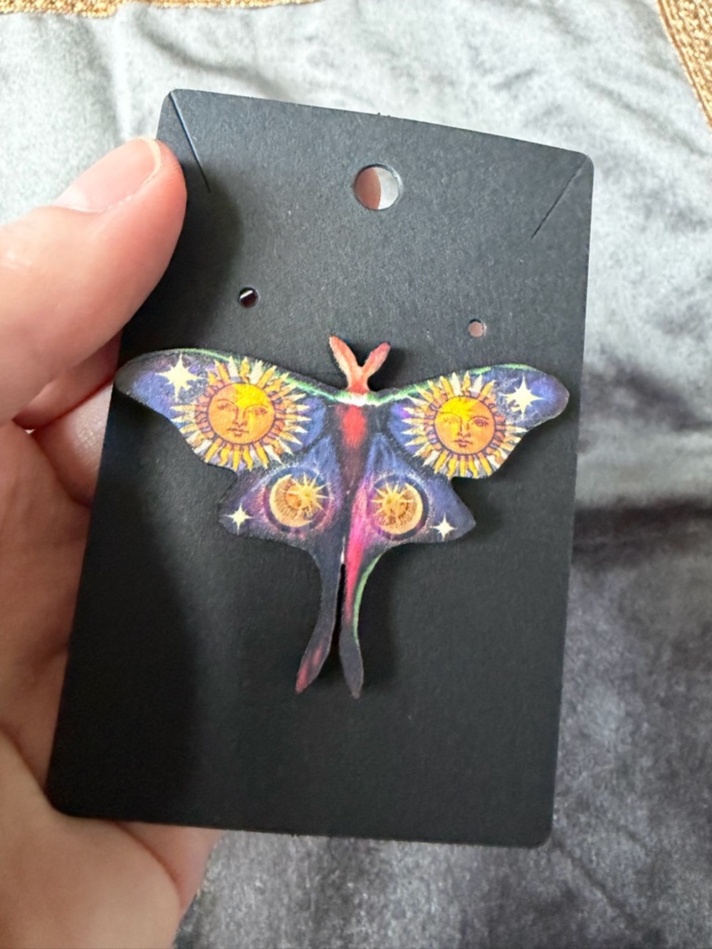 Handmade Moon & Sun Moth Brooch in Purple and Yellow